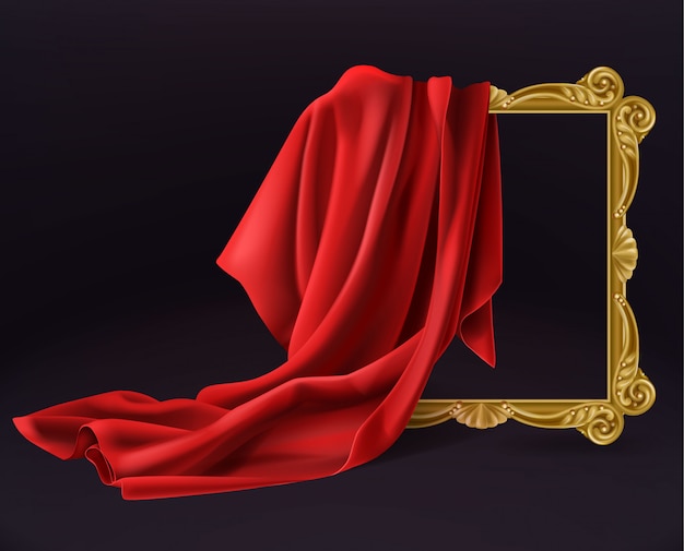 Red silk cloth cover wooden photo frame isolated