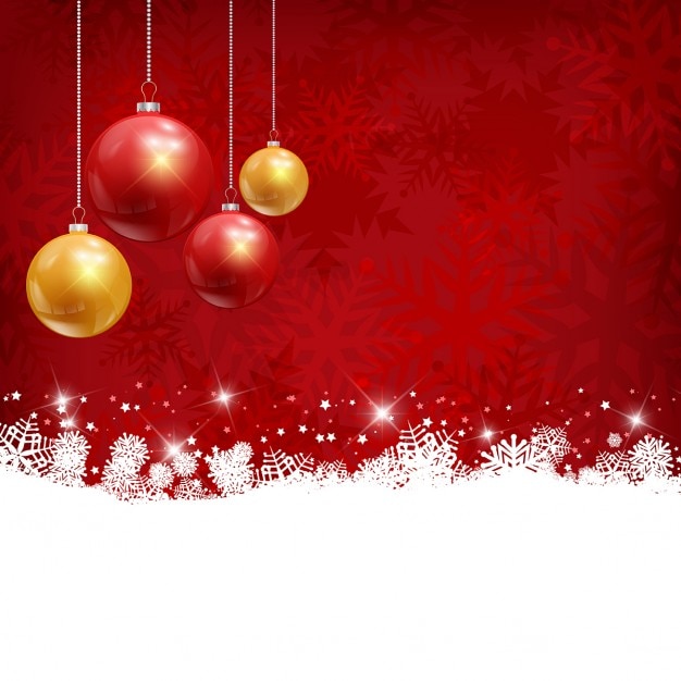 Red snowy christmas background with hanging decorative balls