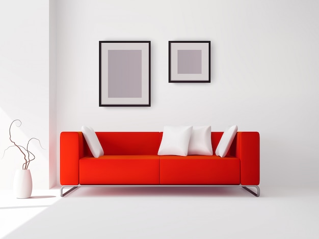 Free Vector red sofa with pillows and frames