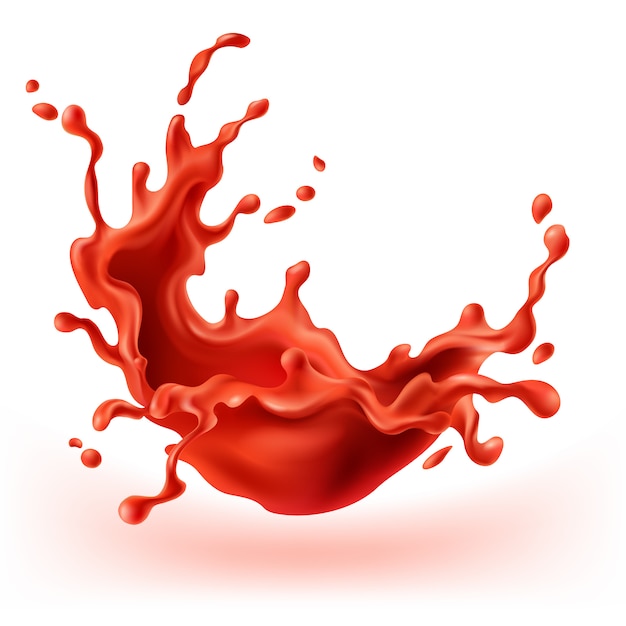 Free Vector red tomato splashing, juice or paint splash with drops. blobs, blots with shadow