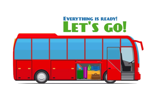 Red tourist bus with an open luggage compartment. Vector illustration