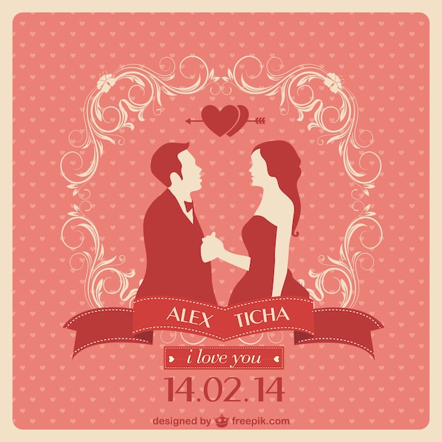 Free vector red wedding invitation with a couple in love