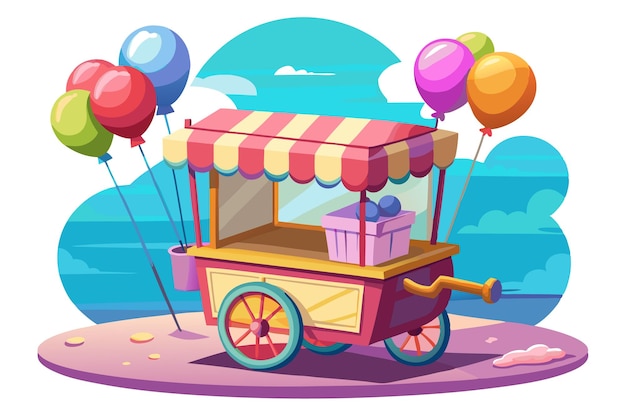 A red and white striped food cart with balloons on a sunny day