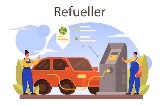 Free Vector refueler concept gas station worker in uniform working with a filling gun man pouring fuel into car in petroleum station isolated vector illustration