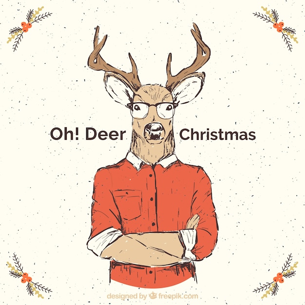 Free vector reindeer christmas card in hipster style