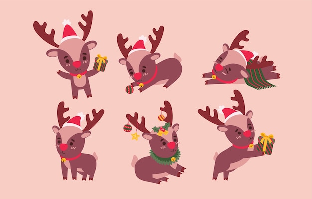 Reindeer set. Animal characters in various gestures vector illustration on pink