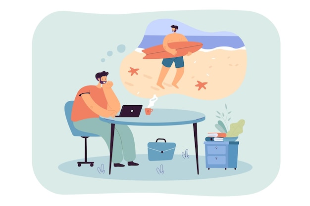 Free vector relaxed business man dreaming of holidays in tropical island