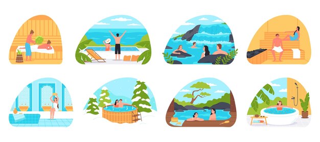 Relaxing and bathing compositions set of people steaming in steam room relaxing in wooden jacuzzi in lake and pool with thermal waters flat vector illustration