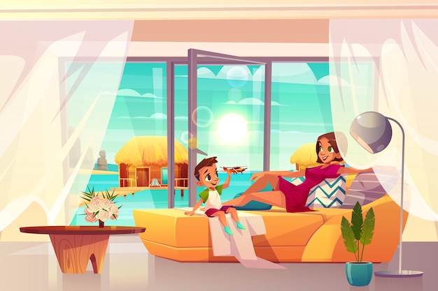 Free Vector relaxing in luxury resort hotel room cartoon vector. 