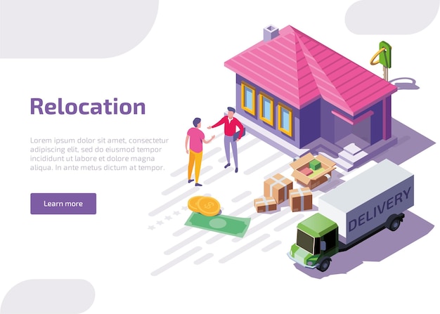 Free Vector relocation isometric web banner or landing page.