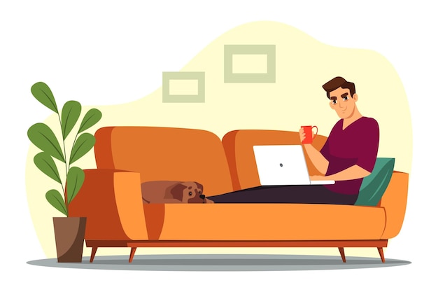 Remote employee working at home office Man sits on sofa with laptop drinks coffee on convenient workplace comfortable conditions