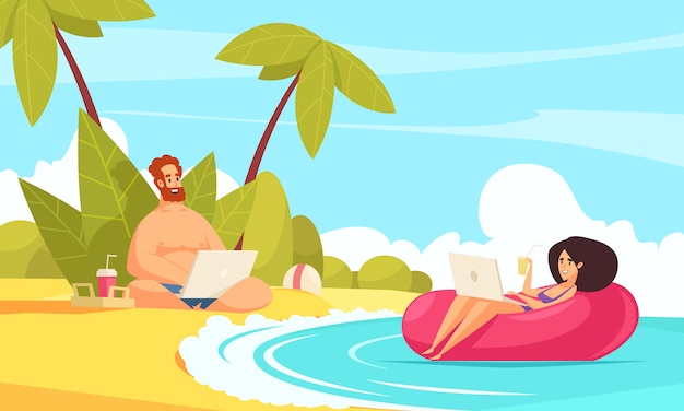 Free Vector remote flexible work flat cartoon composition with freelancers couple vacation with laptops on tropical beach 