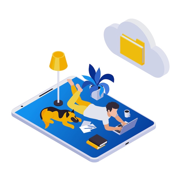 Remote management distant work isometric icons composition with man lying on floor with dog laptop and cloud folder icon