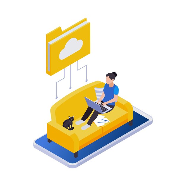 Remote management distant work isometric icons composition with woman sitting on sofa working with laptop