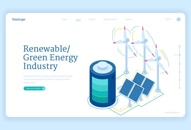 Renewable green energy industry isometric landing page. Sustainable development concept with windmill turbines, solar panels and battery, environment protection, conservation 3d web banner