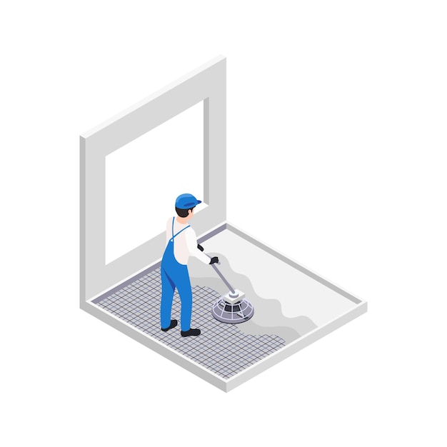 Free vector renovation repair works isometric composition with character of repairman pouring concrete on floor