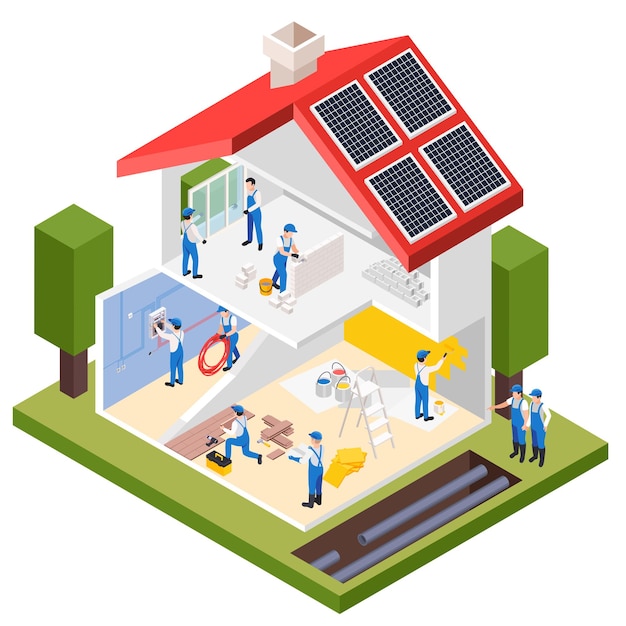 Renovation repair works isometric composition with profile view of private house under maintenance with workers brigade illustration