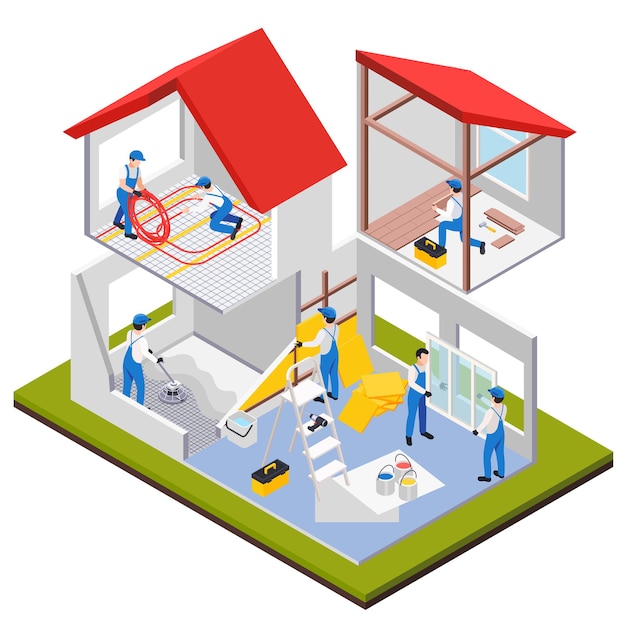 Free vector renovation repair works isometric composition with view of house rooms under heavy maintenance with human characters illustration