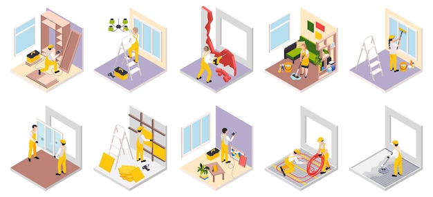 Renovation repair works isometric set of isolated room compositions with furniture items and workers in uniform vector illustration