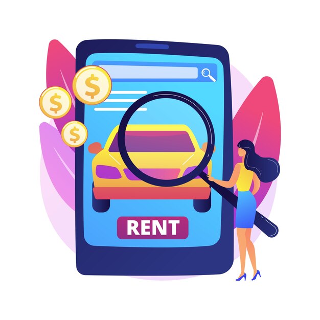 Rental car service abstract concept  illustration. Online car booking, free mileage, full insurance, summer vacation, remote reservation, local dealer, key lock, driving .