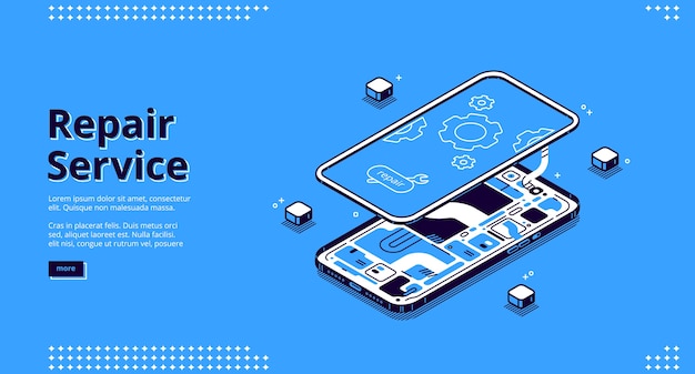 Free Vector repair service isometric landing page, disassembled mobile phone fixing, smashed smartphone with microcircuit and screen with gears, broken electronics device touchscreen 3d line art web banner