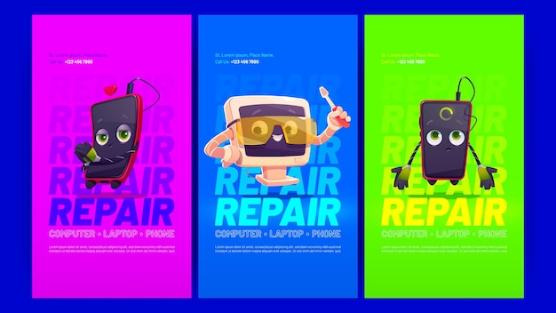 Free Vector repair service posters with smartphone and computer under renovation vector banners of gadget maintenance with cartoon illustration of broken mobile phone and pc with screwdriver