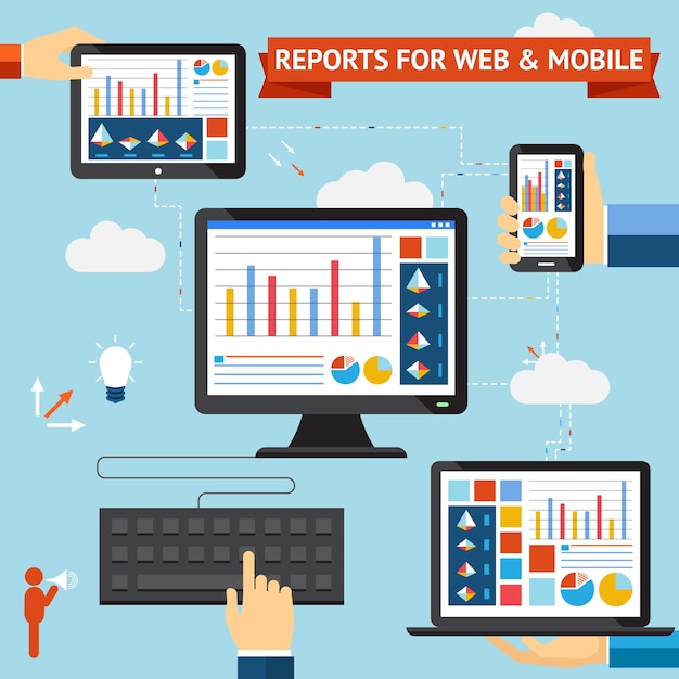 Free Vector reports for web and mobile vector set with colorful displays of graphs  charts and statistics displayed on the screens of a desktop  laptop  mobile phone and tablet computer synced through the cloud