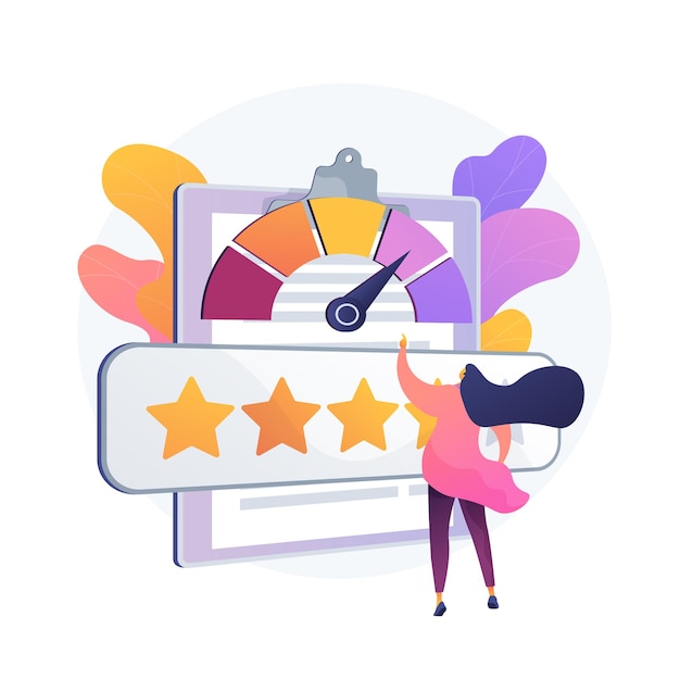 Free vector reputation management. user feedback, customer loyalty, client satisfaction meter. positive review, company trust, five star quality evaluation system.