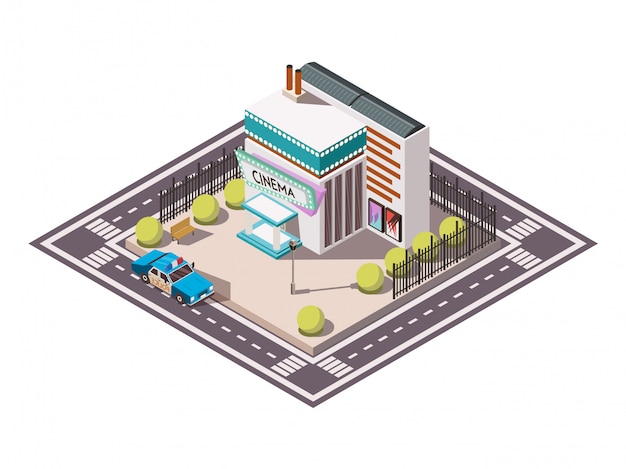 Free vector rescue service isometric set with police car near cinema 3d vector illustration