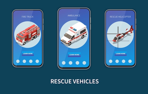 Free Vector rescue vehicles design concept with fire truck ambulance car and helicopter round icons on smartphone screens isometric vector illustration