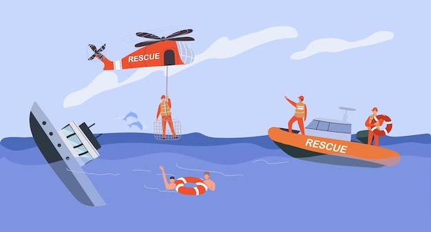 Rescuer and disaster background with water rescue symbols flat vector illustration