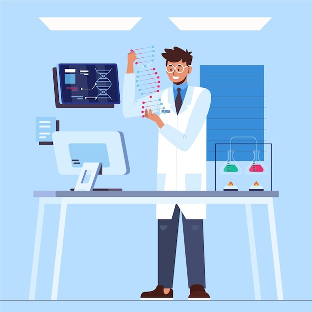 Free vector researcher holding dna molecules