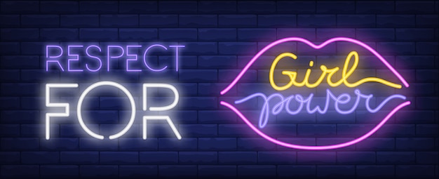 Respect for girl power neon sign. Colorful inscription and lips silhouette on brick wall.