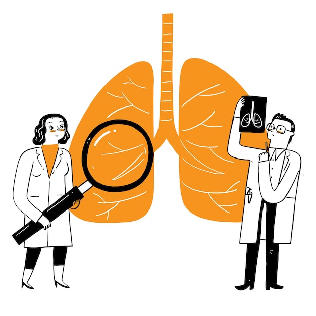 Respiratory Medicine Pulmonology Healthcare Concept. Doctors Check Human Tuberculosis or Pneumonia Lungs with Magnifying Glass, Make X-ray. Medical Pulmonological Care. Vector Illustration