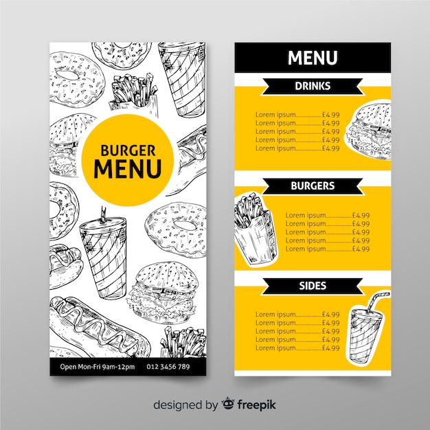 Restaurant burger menu template in hand drawn