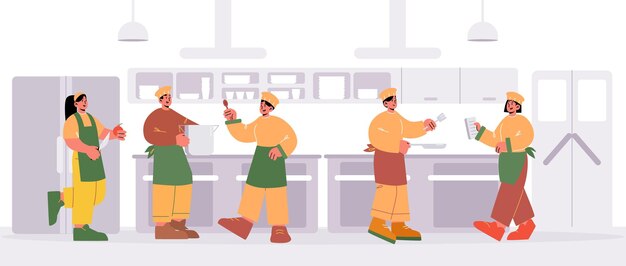 Restaurant chefs cooking on kitchen Cafe staff characters team wear toques and uniform work together in cafeteria hospitality service profession men and women Line art people vector illustration