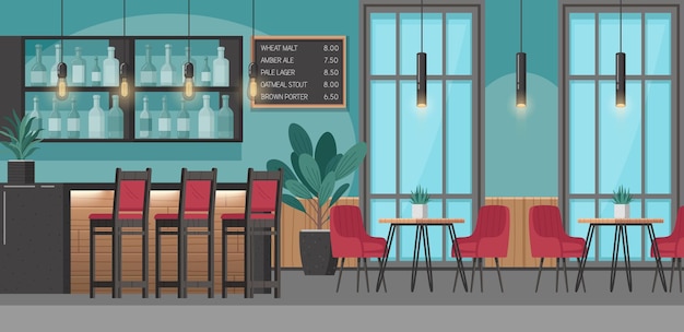 Free vector restaurant interior cartoon concept with bar counter and menu board vector illustration