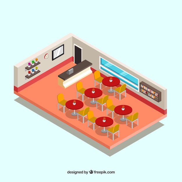 Restaurant interior with red tables in isometric perspective