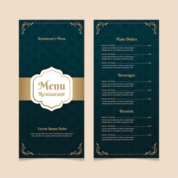 Free vector restaurant menu template golden with blue