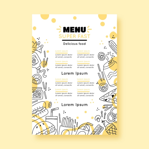 Restaurant menu template with drawn elements