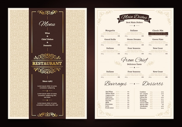 Free Vector restaurant menu vintage design with ornate frame and ribbon chef dishes beverages 