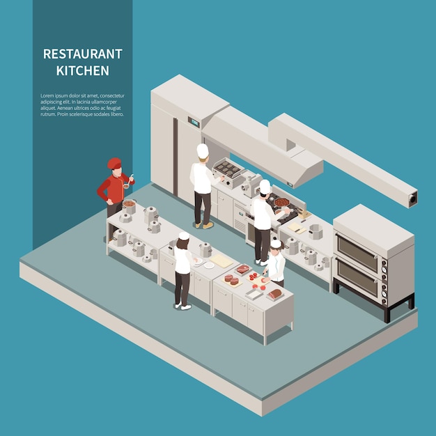 Free Vector restaurant professional kitchen isometric composition with industrial range electric grill oven refrigerator food cooking staff