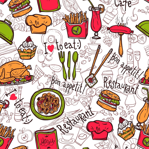 Restaurant symbols seamless pattern doodle sketch