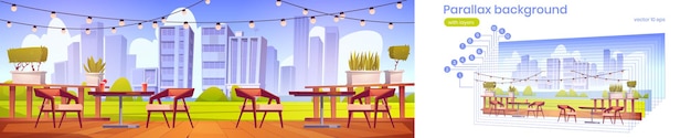 Restaurant terrace with wooden tables, chairs, green lawn and city view. Vector parallax background for 2d animation with cartoon illustration of empty cafe patio with drinks on table and plants