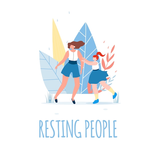 Resting People Text and Happy Female Characters.