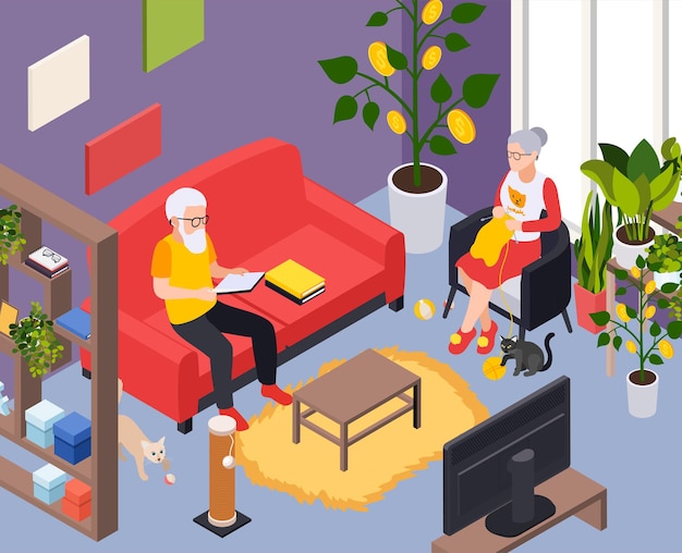 Retirement preparation plan isometric composition with indoor apartment scenery and elderly couple