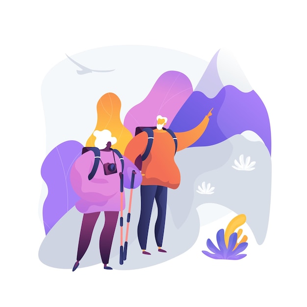 Free Vector retirement travel. couple of elderly people hiking in mountains with backpacks and camera. senior people travelling. tourism, recreation, activity. 