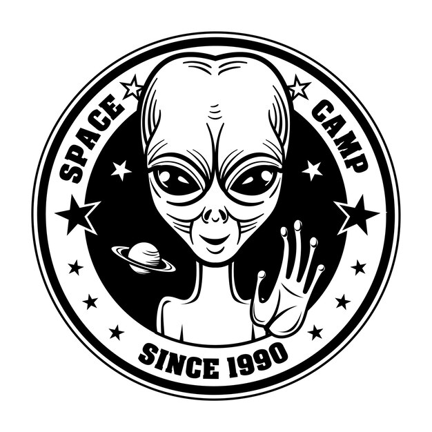 Retro alien greeting people vector illustration. Space camp emblem with extraterrestrial character