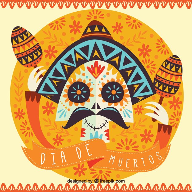 Retro background of deads' day with mexican skull and maracas