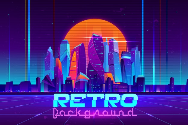 Free vector retro background in neon colors cartoon  with illuminated future city skyscrapers buildings